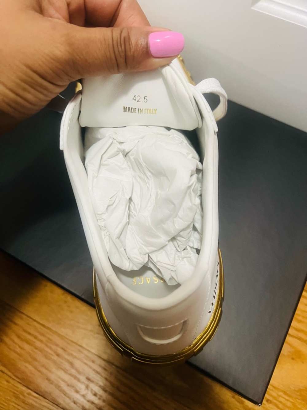 Versace White Leather Low-Top Sneakers with Gold Sole - Picture 6 of 6
